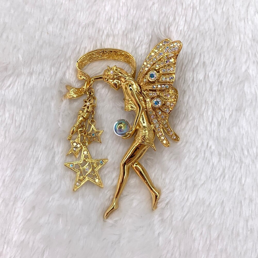 Kirks Folly Signed Fairy Godmother Figural Celestial Dangle Brooch Pin Gold